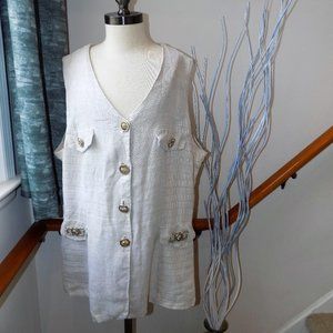 BUSY GIRL Vintage Beige Linen Vest Gold Stripes & Buttons Size XL?